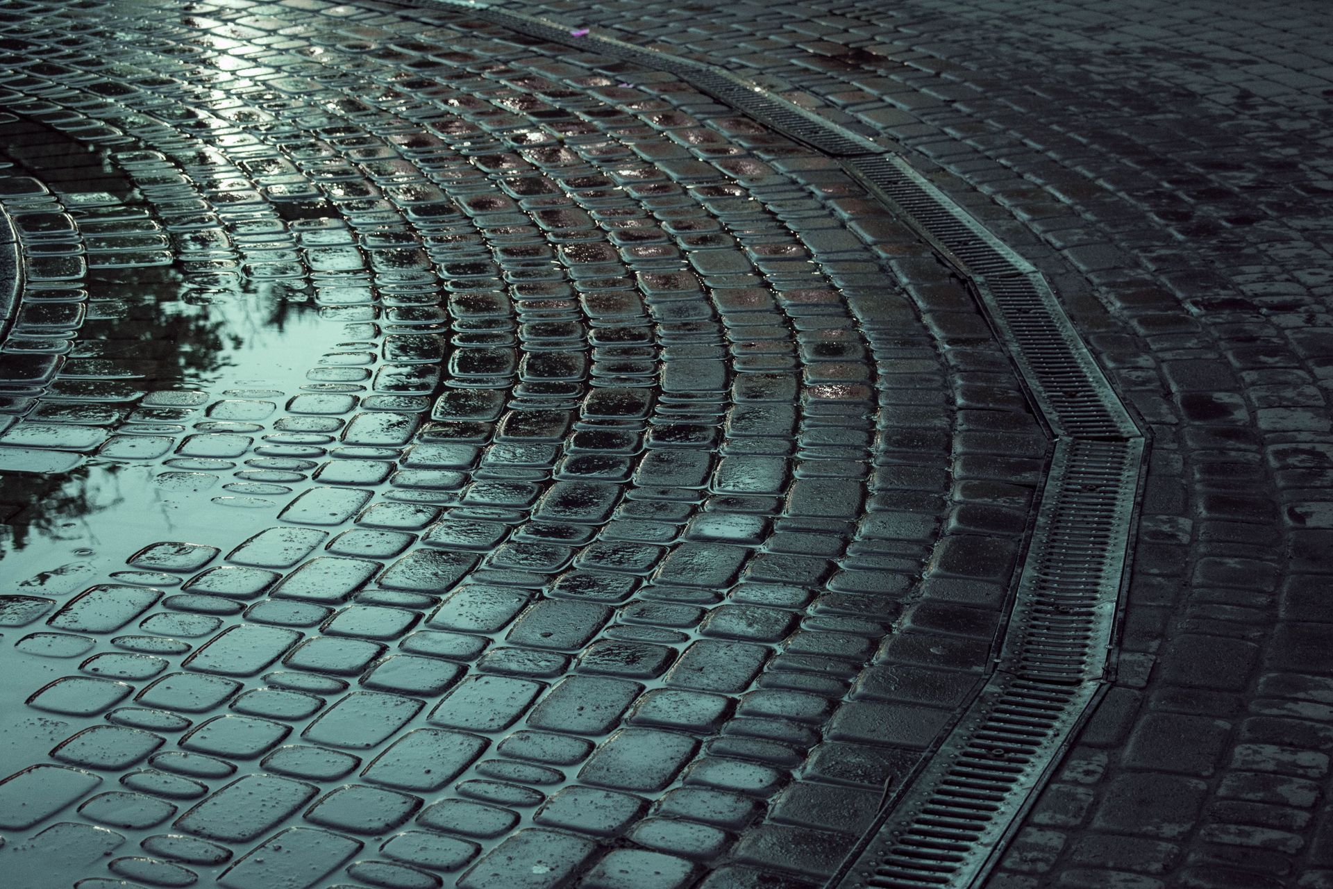 A close-up view of a wet cobblestone street with reflections in the puddles.