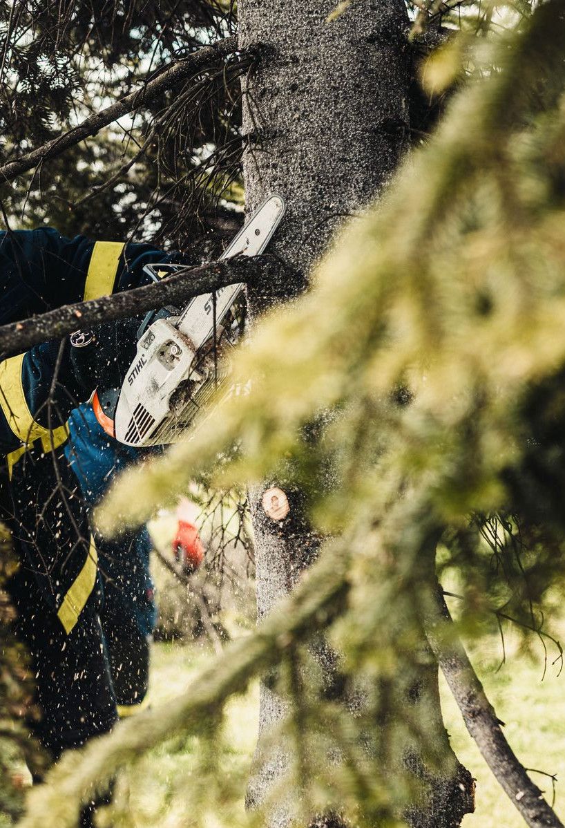 Firefighter in protective gear using chainsaw to cut tree branches outdoors.